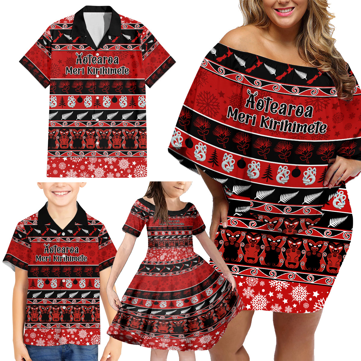 Personalised New Zealand Christmas Family Matching Off Shoulder Short Dress and Hawaiian Shirt Aotearoa Kiwi Meri Kirihimete Red Version - Wonder Print Shop
