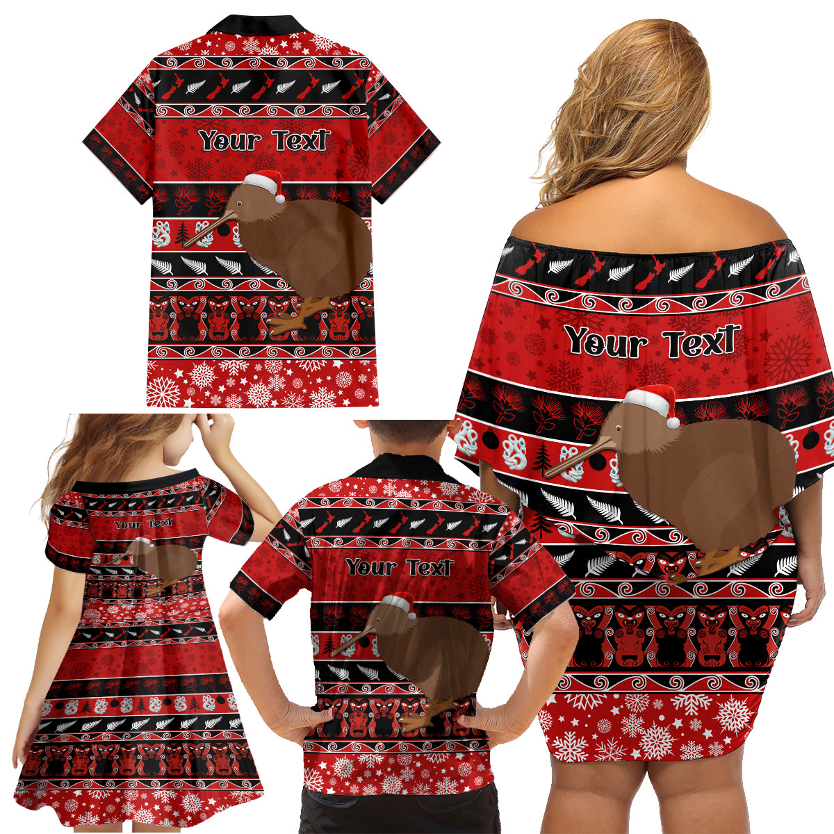 Personalised New Zealand Christmas Family Matching Off Shoulder Short Dress and Hawaiian Shirt Aotearoa Kiwi Meri Kirihimete Red Version - Wonder Print Shop