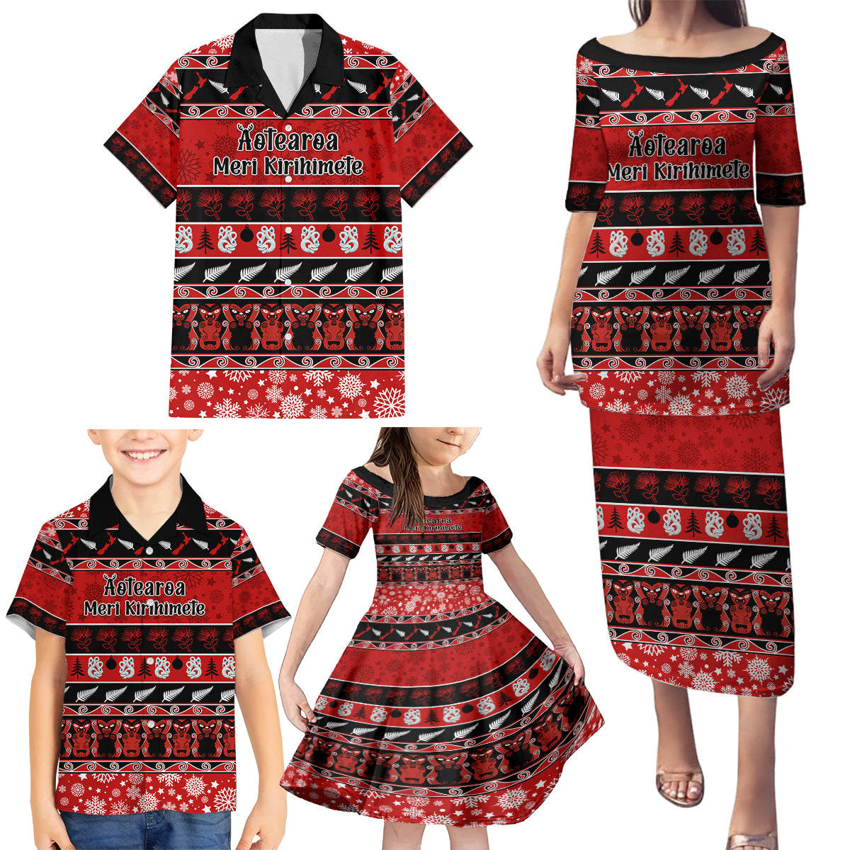 Personalised New Zealand Christmas Family Matching Puletasi Dress and Hawaiian Shirt Aotearoa Kiwi Meri Kirihimete Red Version - Wonder Print Shop