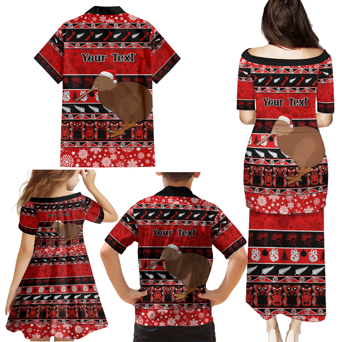 Personalised New Zealand Christmas Family Matching Puletasi Dress and Hawaiian Shirt Aotearoa Kiwi Meri Kirihimete Red Version - Wonder Print Shop