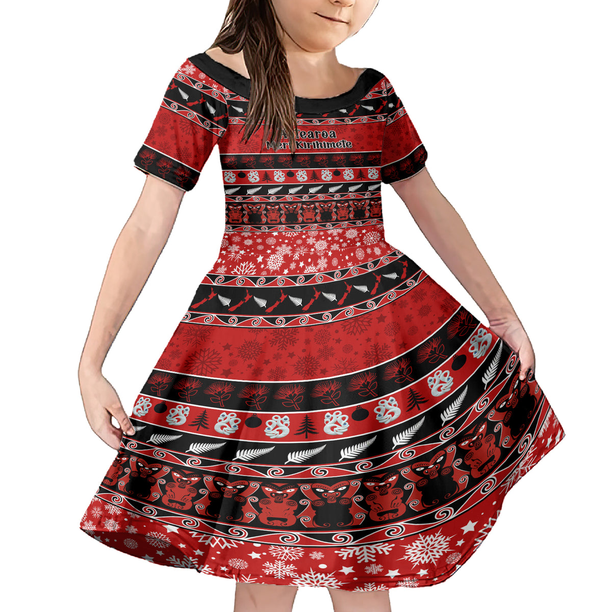 Personalised New Zealand Christmas Family Matching Short Sleeve Bodycon Dress and Hawaiian Shirt Aotearoa Kiwi Meri Kirihimete Red Version - Wonder Print Shop