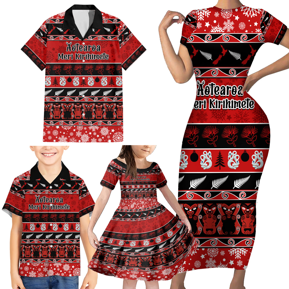 Personalised New Zealand Christmas Family Matching Short Sleeve Bodycon Dress and Hawaiian Shirt Aotearoa Kiwi Meri Kirihimete Red Version - Wonder Print Shop