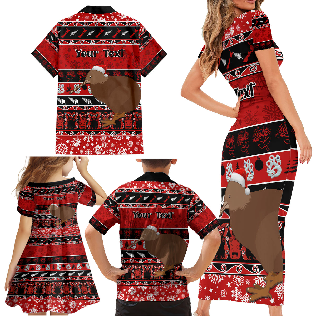 Personalised New Zealand Christmas Family Matching Short Sleeve Bodycon Dress and Hawaiian Shirt Aotearoa Kiwi Meri Kirihimete Red Version - Wonder Print Shop