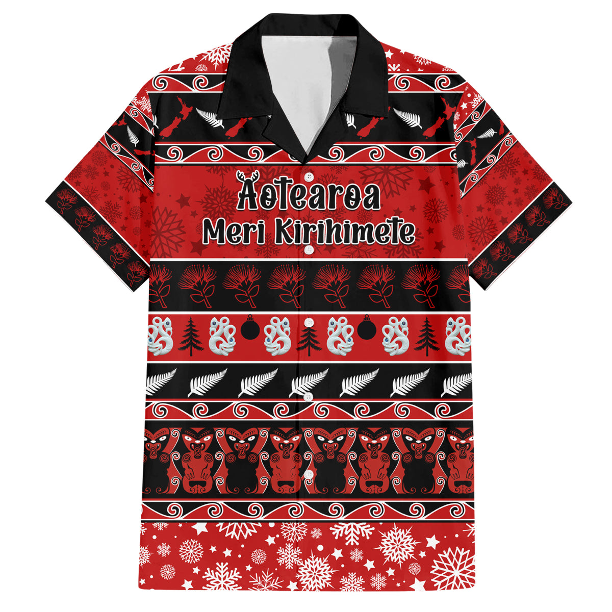 Personalised New Zealand Christmas Family Matching Short Sleeve Bodycon Dress and Hawaiian Shirt Aotearoa Kiwi Meri Kirihimete Red Version - Wonder Print Shop