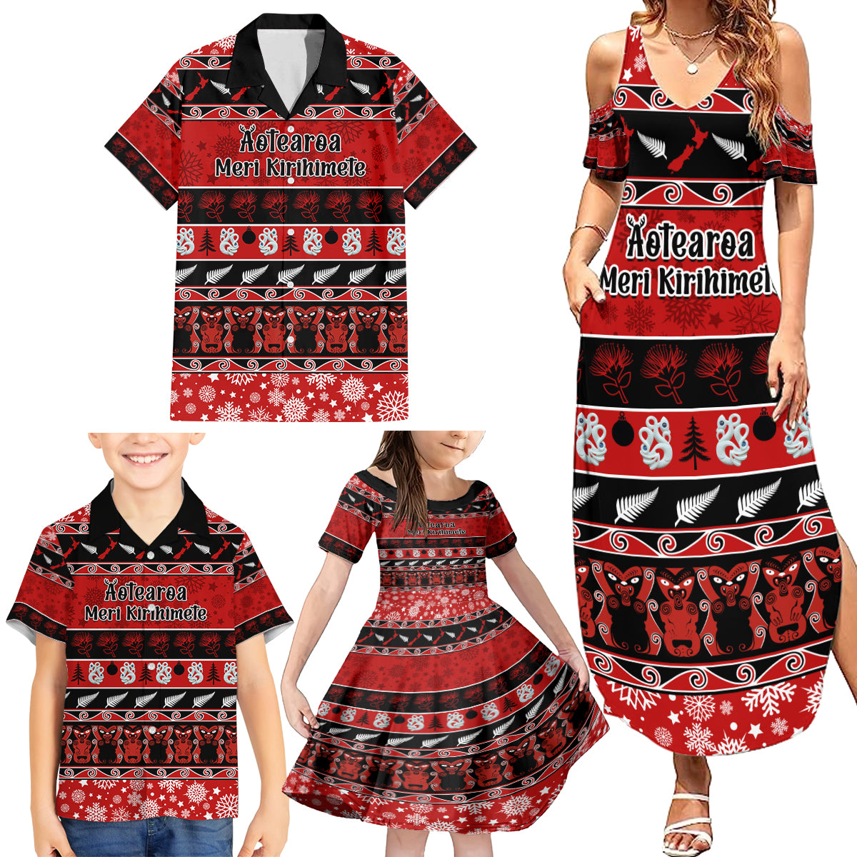 Personalised New Zealand Christmas Family Matching Summer Maxi Dress and Hawaiian Shirt Aotearoa Kiwi Meri Kirihimete Red Version - Wonder Print Shop