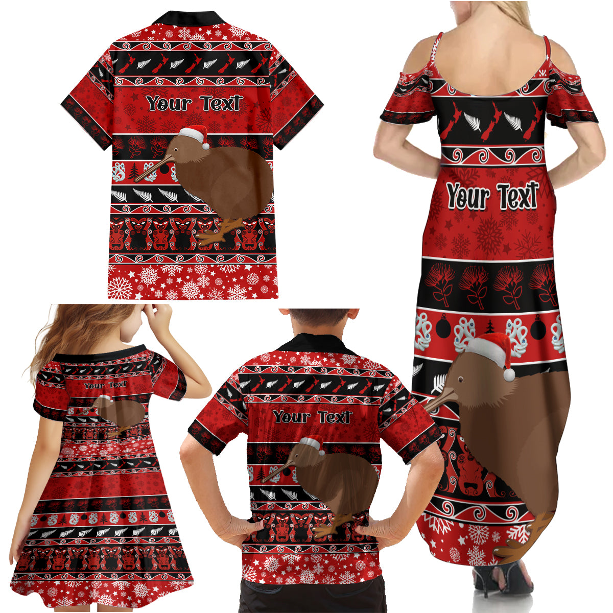 Personalised New Zealand Christmas Family Matching Summer Maxi Dress and Hawaiian Shirt Aotearoa Kiwi Meri Kirihimete Red Version - Wonder Print Shop