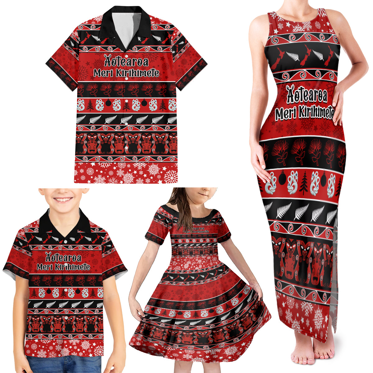 Personalised New Zealand Christmas Family Matching Tank Maxi Dress and Hawaiian Shirt Aotearoa Kiwi Meri Kirihimete Red Version - Wonder Print Shop