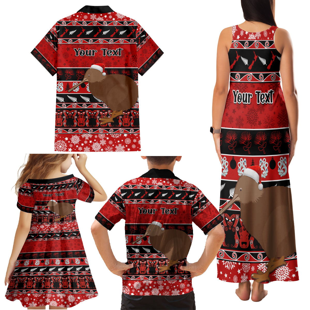 Personalised New Zealand Christmas Family Matching Tank Maxi Dress and Hawaiian Shirt Aotearoa Kiwi Meri Kirihimete Red Version - Wonder Print Shop