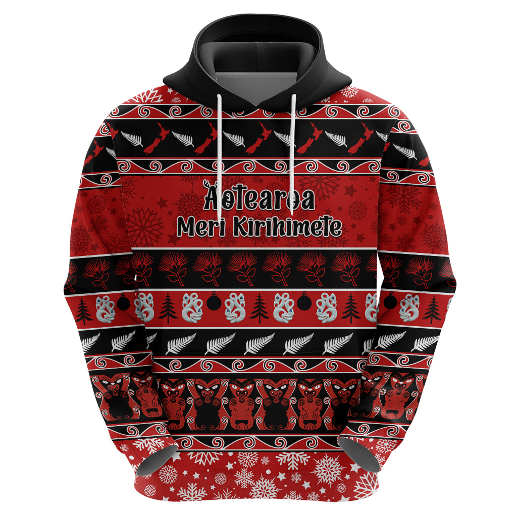 Personalised New Zealand Christmas Hoodie Aotearoa Kiwi Meri Kirihimete Red Version - Wonder Print Shop