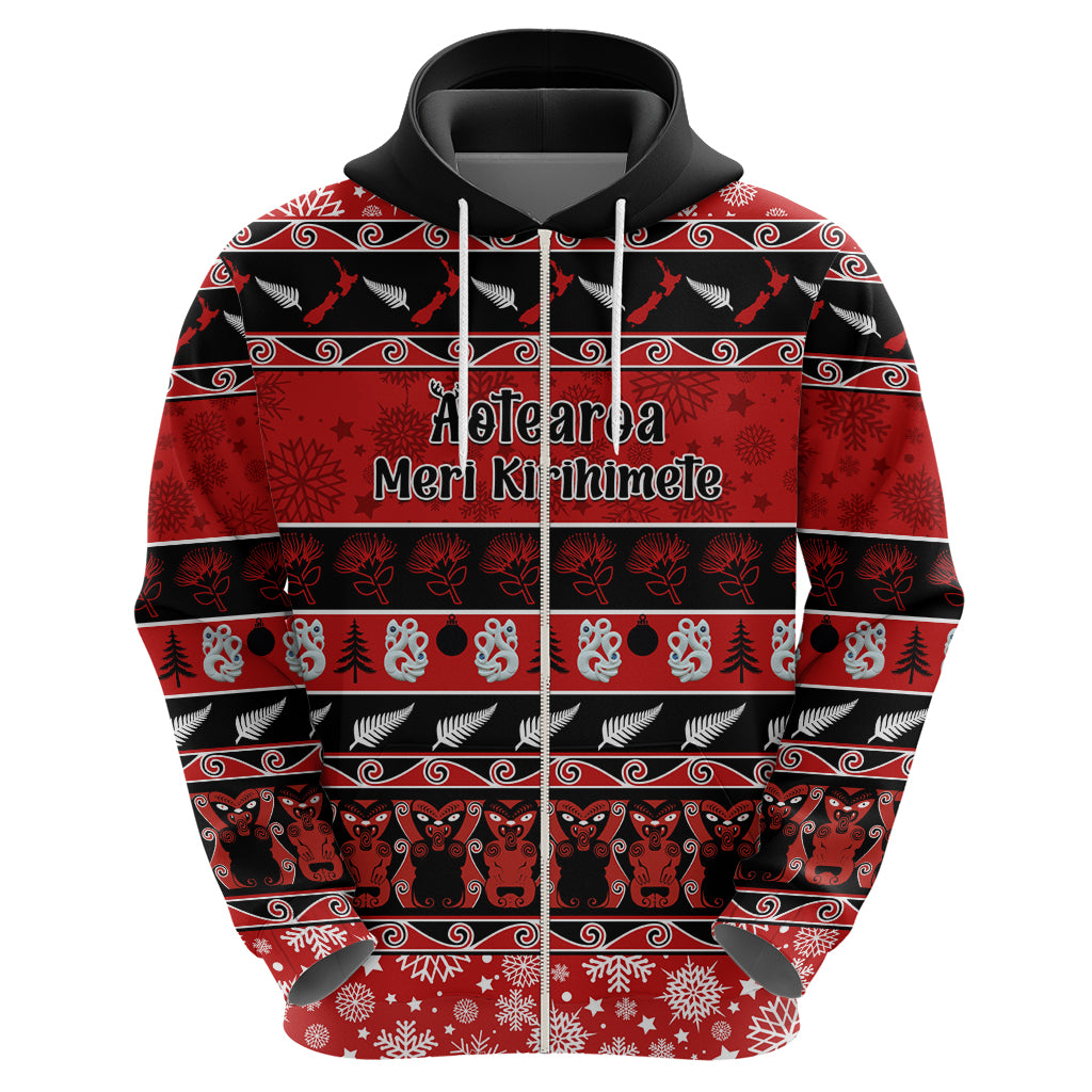 Personalised New Zealand Christmas Hoodie Aotearoa Kiwi Meri Kirihimete Red Version - Wonder Print Shop