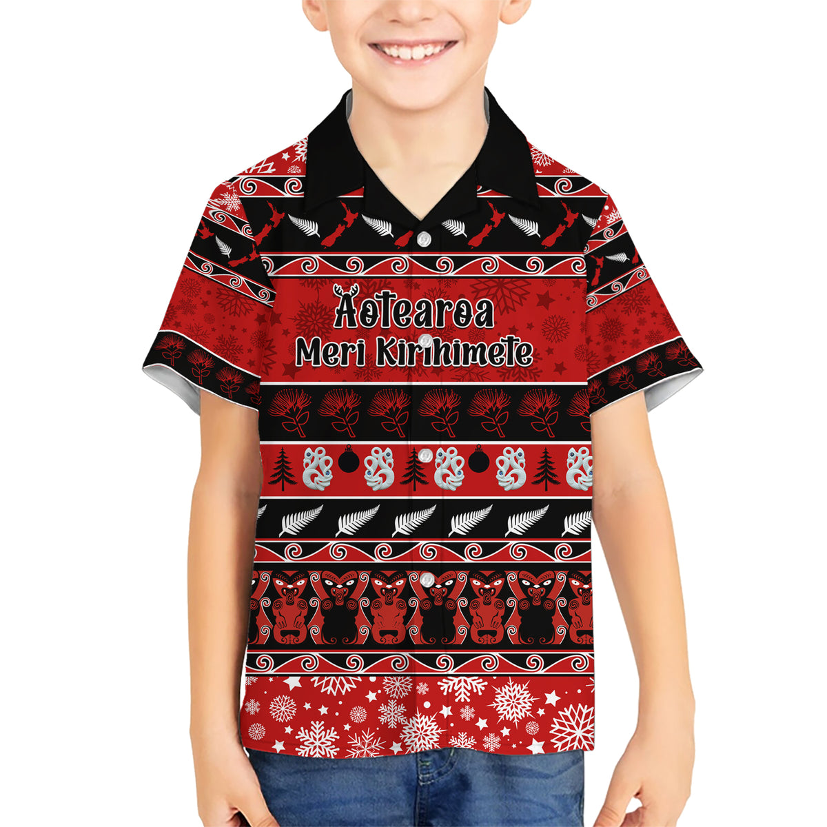 Personalised New Zealand Christmas Kid Hawaiian Shirt Aotearoa Kiwi Meri Kirihimete Red Version - Wonder Print Shop
