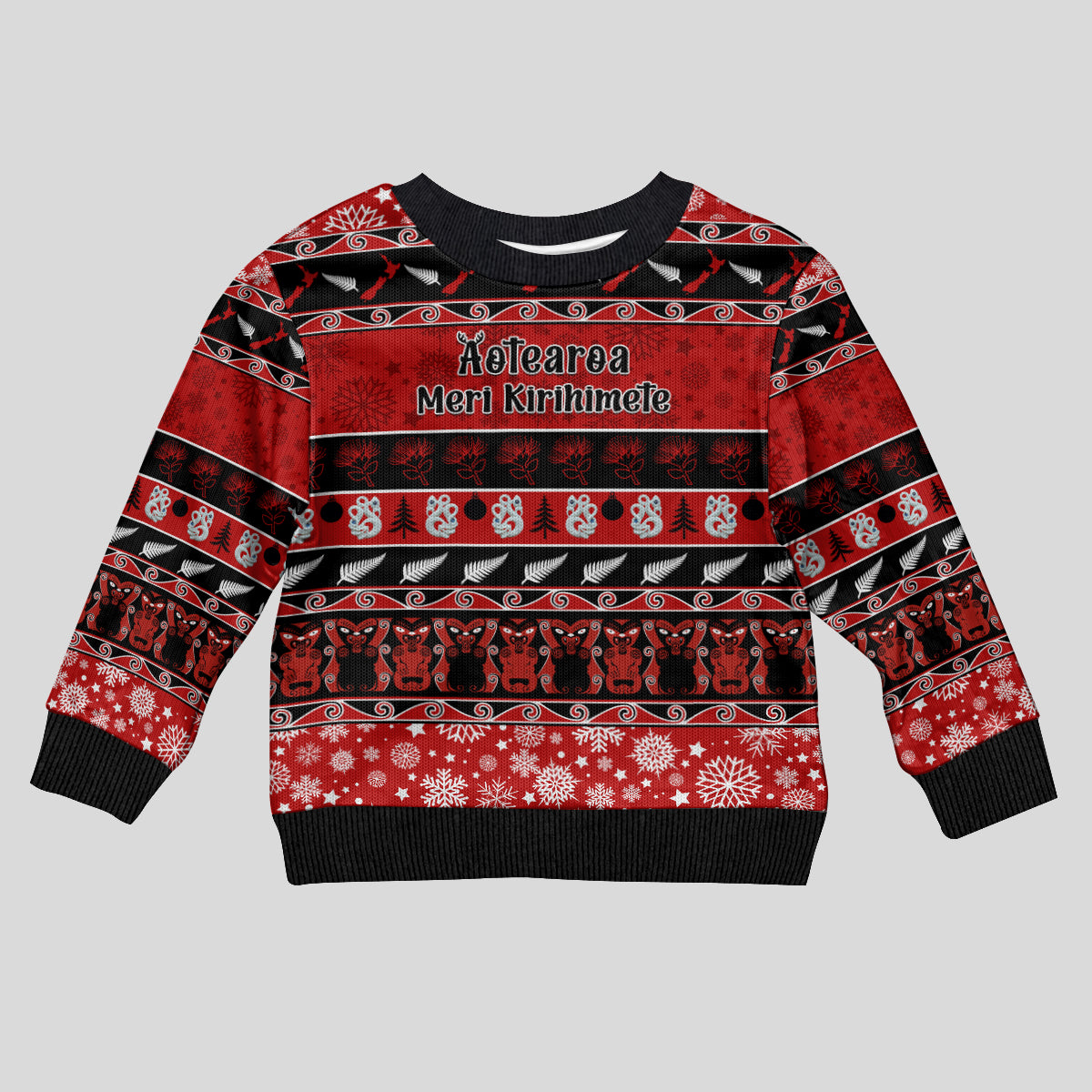 Personalised New Zealand Christmas Kid Ugly Christmas Sweater Aotearoa Kiwi Meri Kirihimete Red Version - Wonder Print Shop