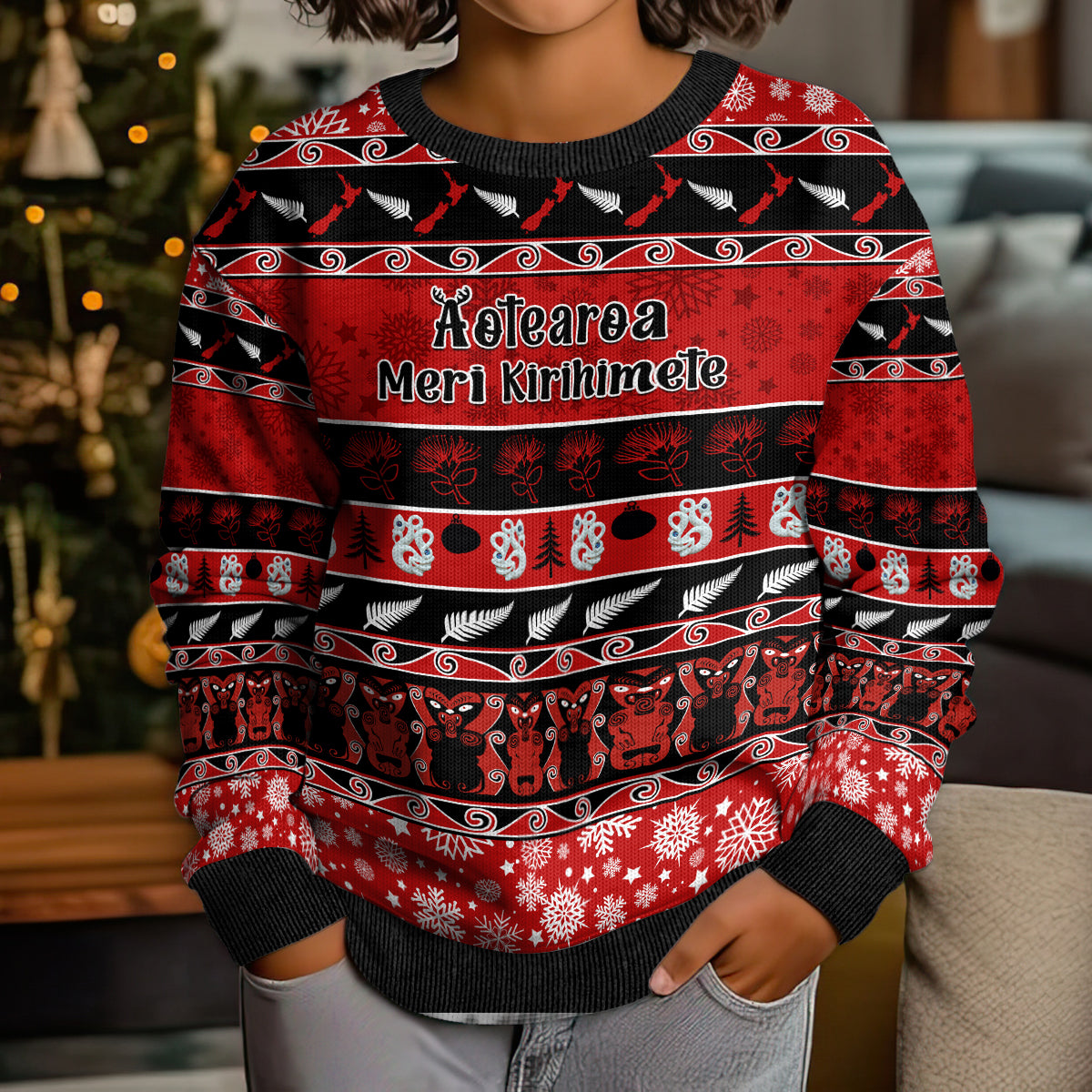 Personalised New Zealand Christmas Kid Ugly Christmas Sweater Aotearoa Kiwi Meri Kirihimete Red Version - Wonder Print Shop