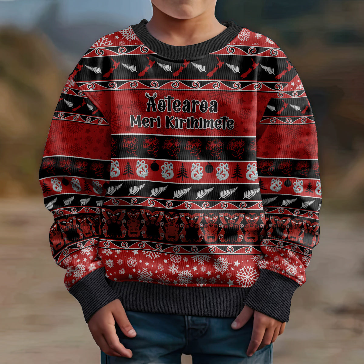 Personalised New Zealand Christmas Kid Ugly Christmas Sweater Aotearoa Kiwi Meri Kirihimete Red Version - Wonder Print Shop