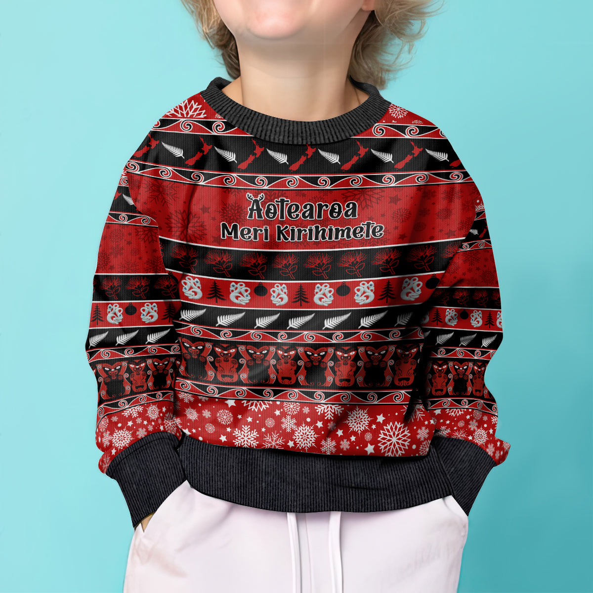 Personalised New Zealand Christmas Kid Ugly Christmas Sweater Aotearoa Kiwi Meri Kirihimete Red Version - Wonder Print Shop