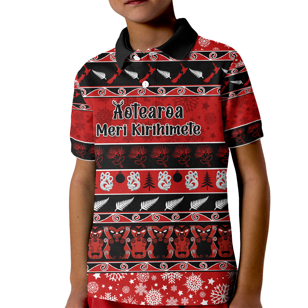 Personalised New Zealand Christmas Kid Polo Shirt Aotearoa Kiwi Meri Kirihimete Red Version - Wonder Print Shop