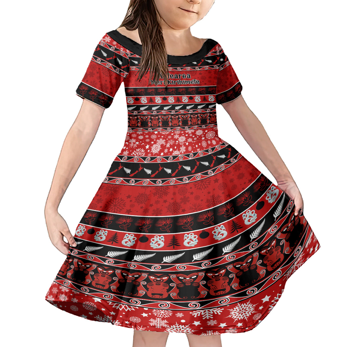 Personalised New Zealand Christmas Kid Short Sleeve Dress Aotearoa Kiwi Meri Kirihimete Red Version - Wonder Print Shop