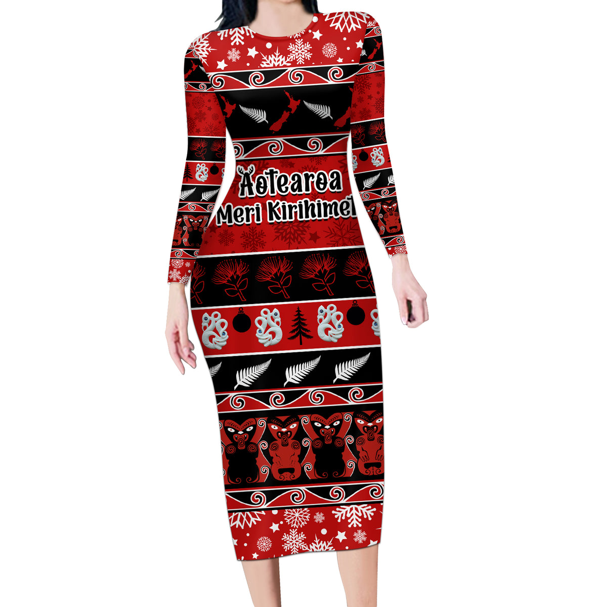 Personalised New Zealand Christmas Long Sleeve Bodycon Dress Aotearoa Kiwi Meri Kirihimete Red Version - Wonder Print Shop