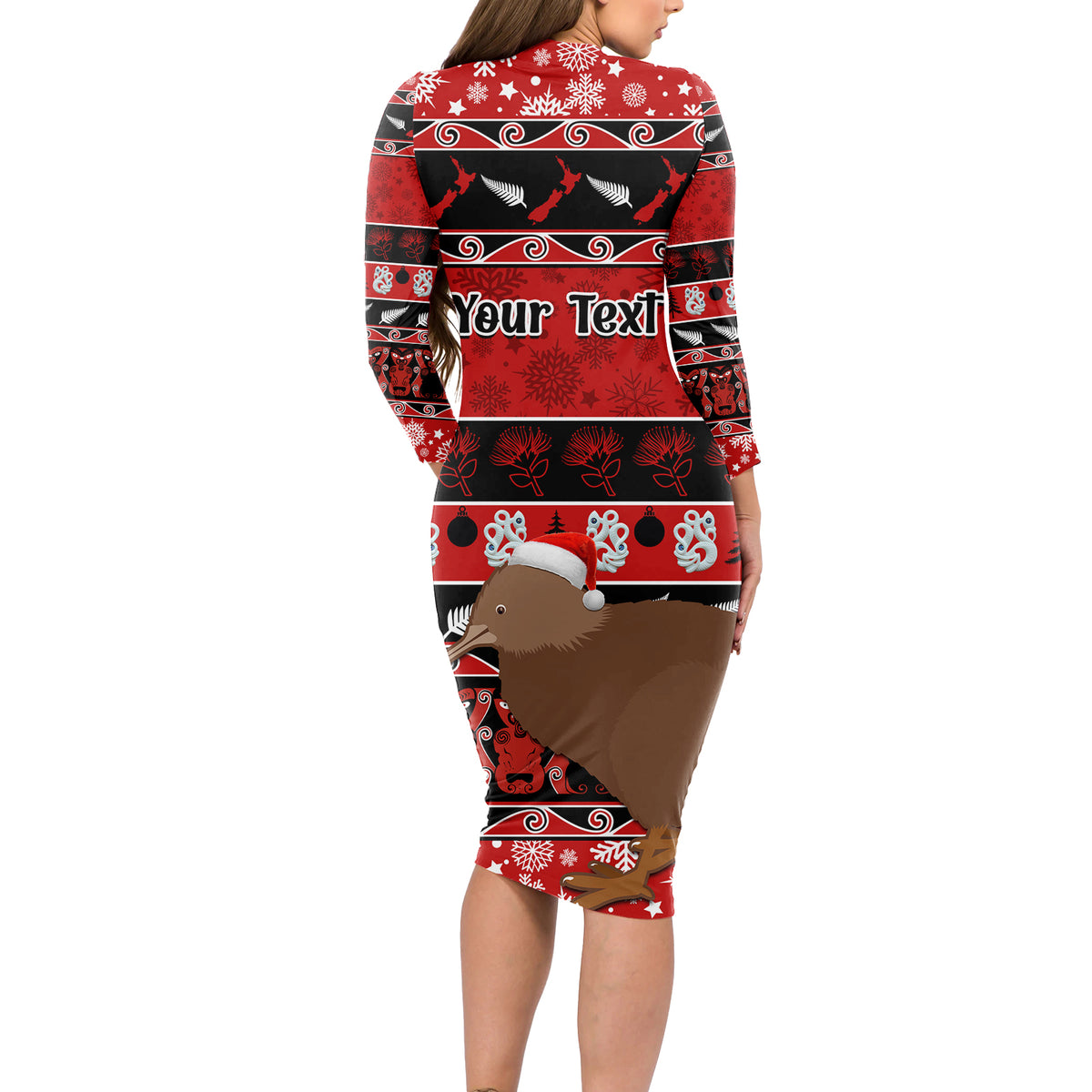 Personalised New Zealand Christmas Long Sleeve Bodycon Dress Aotearoa Kiwi Meri Kirihimete Red Version - Wonder Print Shop