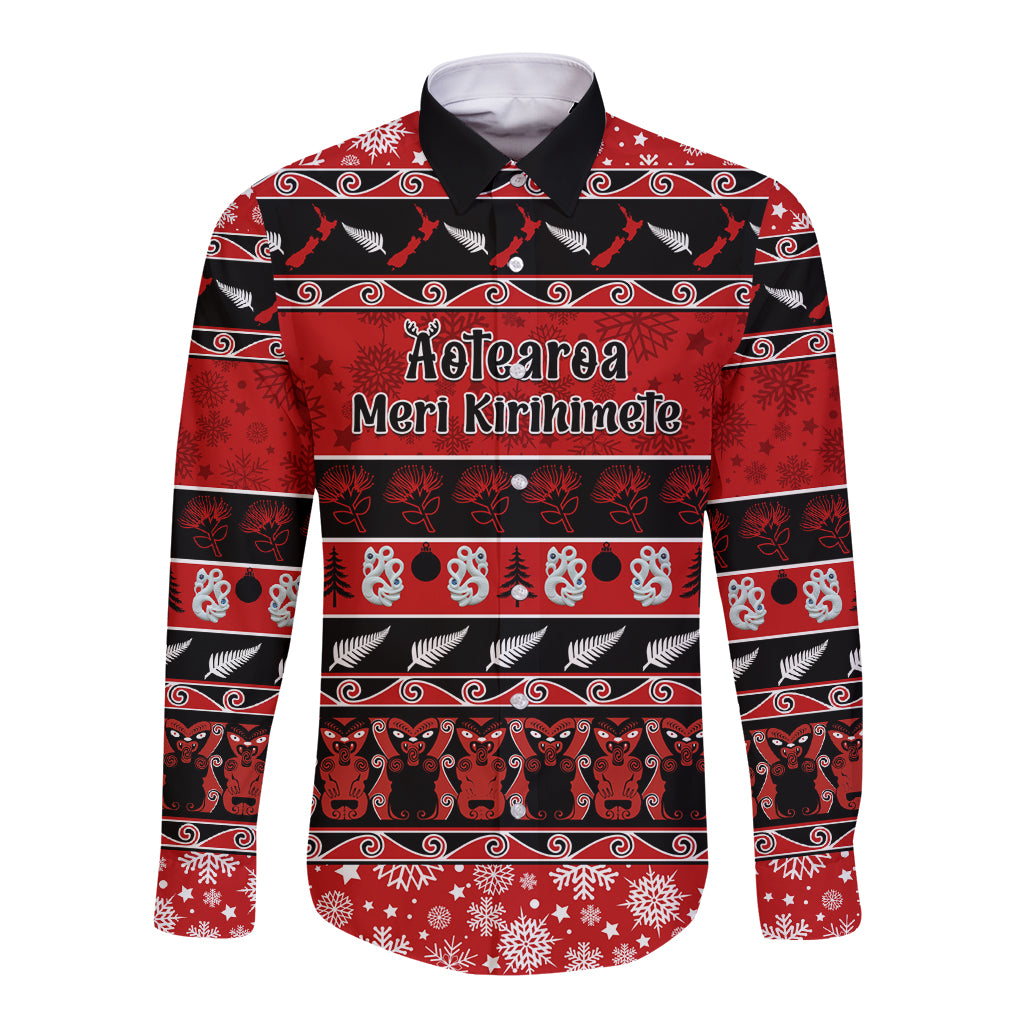 Personalised New Zealand Christmas Long Sleeve Button Shirt Aotearoa Kiwi Meri Kirihimete Red Version - Wonder Print Shop