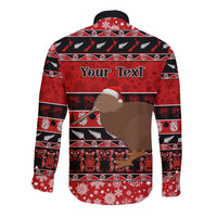 Personalised New Zealand Christmas Long Sleeve Button Shirt Aotearoa Kiwi Meri Kirihimete Red Version - Wonder Print Shop