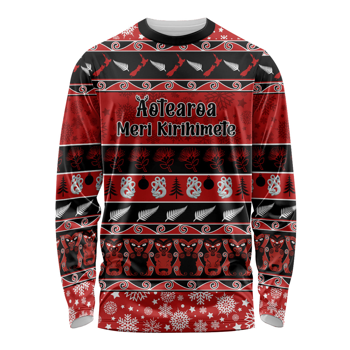 Personalised New Zealand Christmas Long Sleeve Shirt Aotearoa Kiwi Meri Kirihimete Red Version - Wonder Print Shop