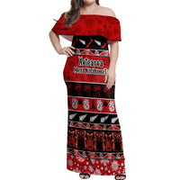 Personalised New Zealand Christmas Off Shoulder Maxi Dress Aotearoa Kiwi Meri Kirihimete Red Version - Wonder Print Shop