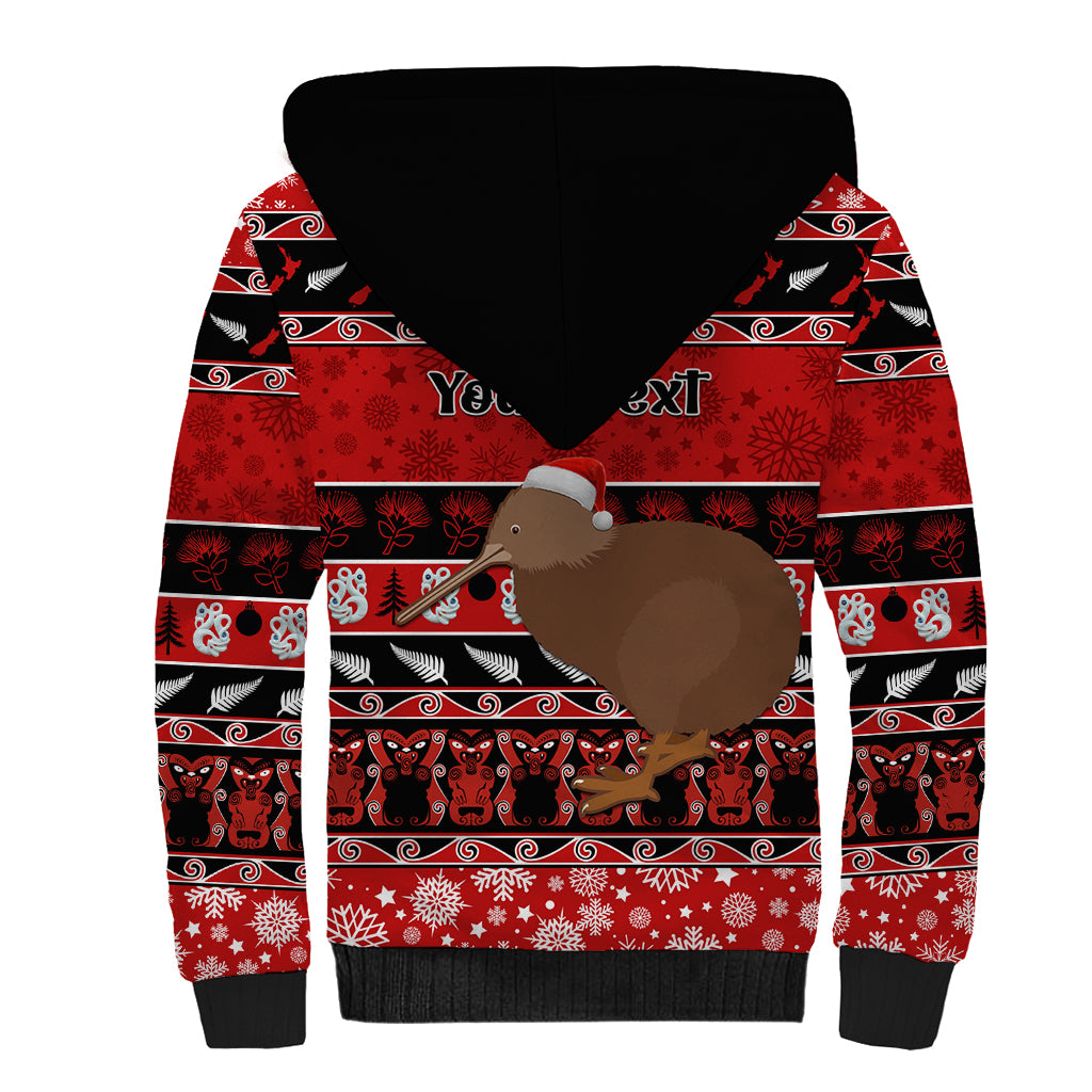 Personalised New Zealand Christmas Sherpa Hoodie Aotearoa Kiwi Meri Kirihimete Red Version - Wonder Print Shop