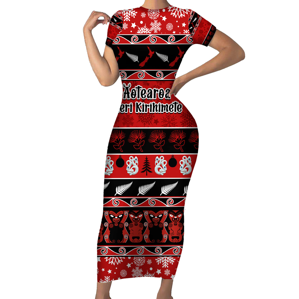 Personalised New Zealand Christmas Short Sleeve Bodycon Dress Aotearoa Kiwi Meri Kirihimete Red Version - Wonder Print Shop