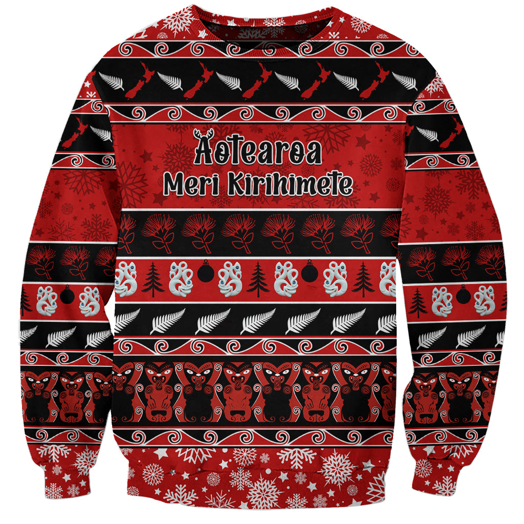 Personalised New Zealand Christmas Sweatshirt Aotearoa Kiwi Meri Kirihimete Red Version - Wonder Print Shop