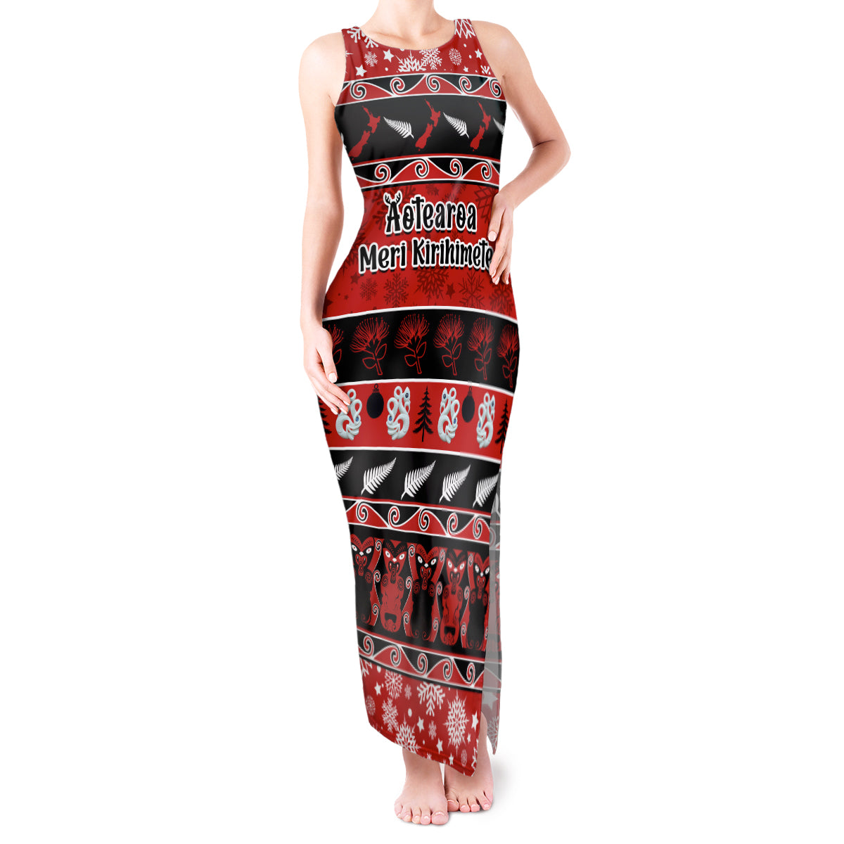 Personalised New Zealand Christmas Tank Maxi Dress Aotearoa Kiwi Meri Kirihimete Red Version - Wonder Print Shop