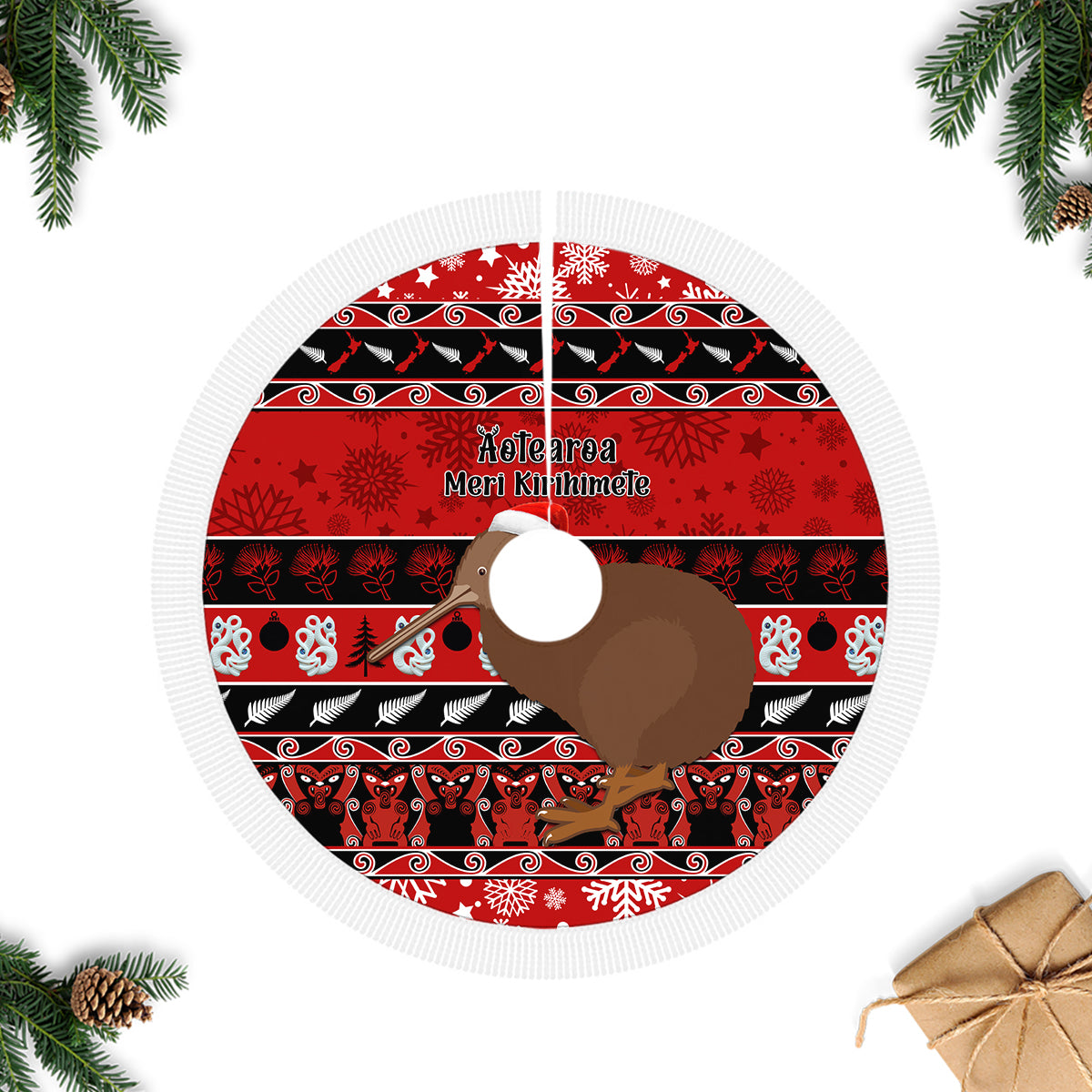 New Zealand Christmas Tree Skirt Aotearoa Kiwi Meri Kirihimete Red Version - Wonder Print Shop