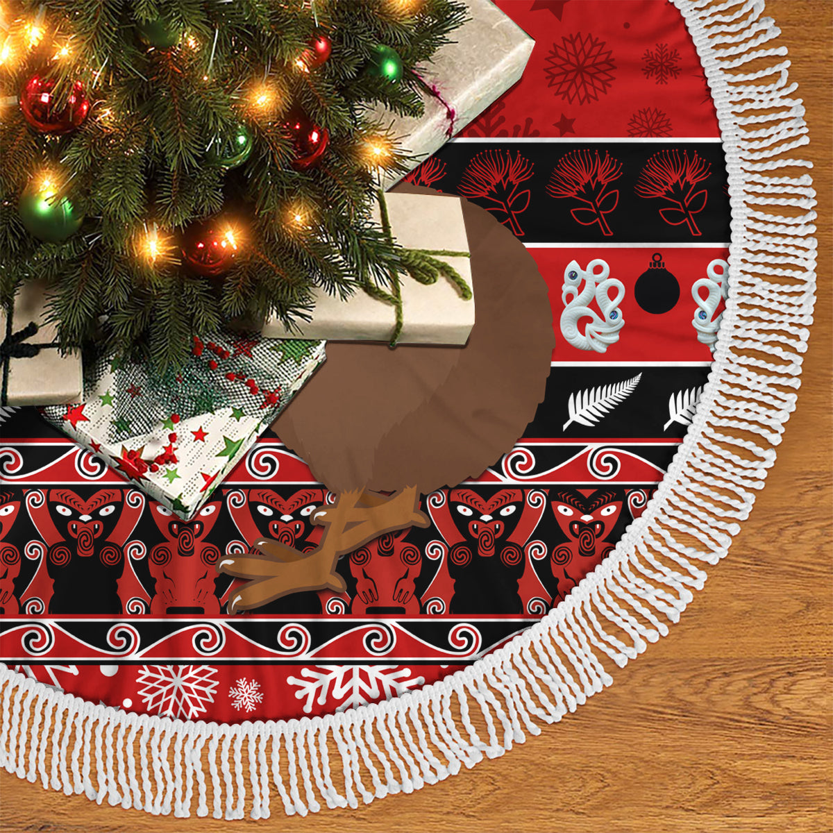 New Zealand Christmas Tree Skirt Aotearoa Kiwi Meri Kirihimete Red Version - Wonder Print Shop