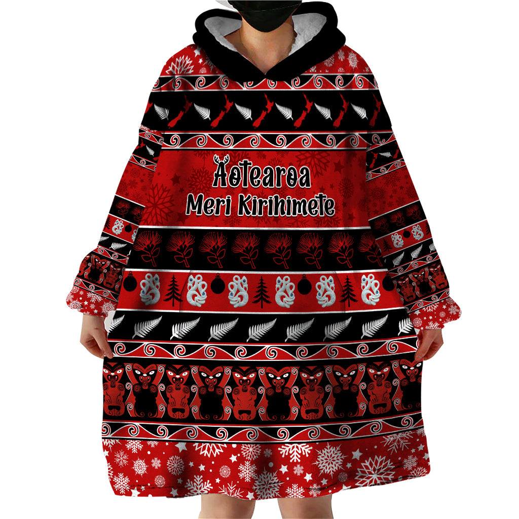 Personalised New Zealand Christmas Wearable Blanket Hoodie Aotearoa Kiwi Meri Kirihimete Red Version - Wonder Print Shop