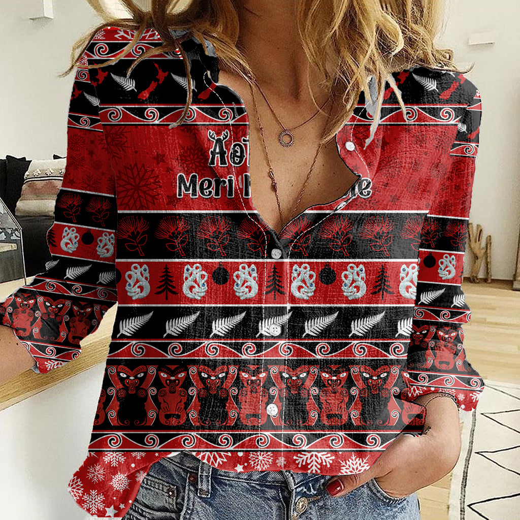 Personalised New Zealand Christmas Women Casual Shirt Aotearoa Kiwi Meri Kirihimete Red Version - Wonder Print Shop
