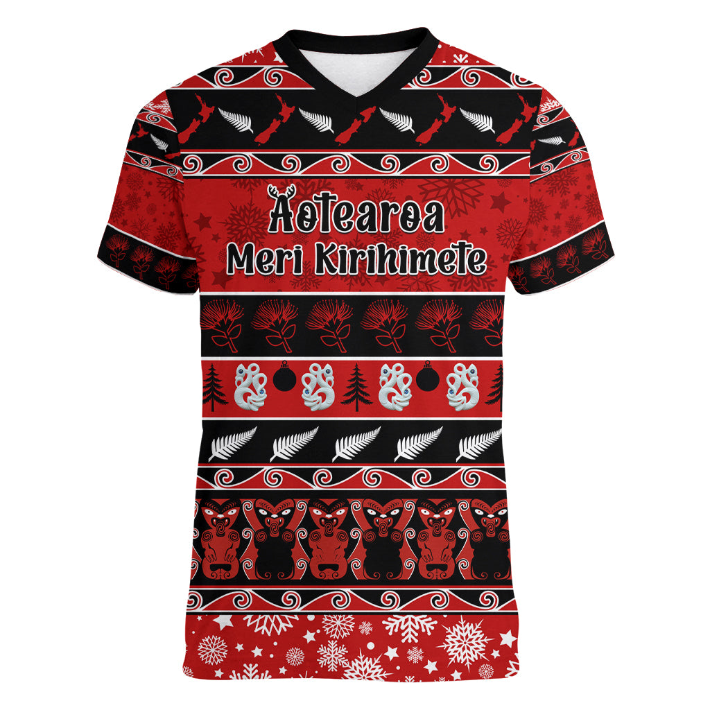 Personalised New Zealand Christmas Women V Neck T Shirt Aotearoa Kiwi Meri Kirihimete Red Version - Wonder Print Shop