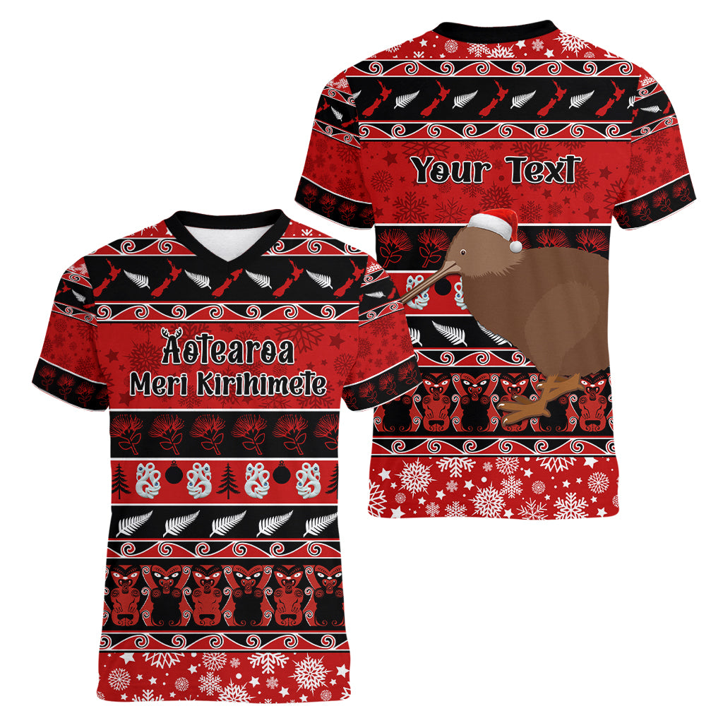 Personalised New Zealand Christmas Women V Neck T Shirt Aotearoa Kiwi Meri Kirihimete Red Version - Wonder Print Shop