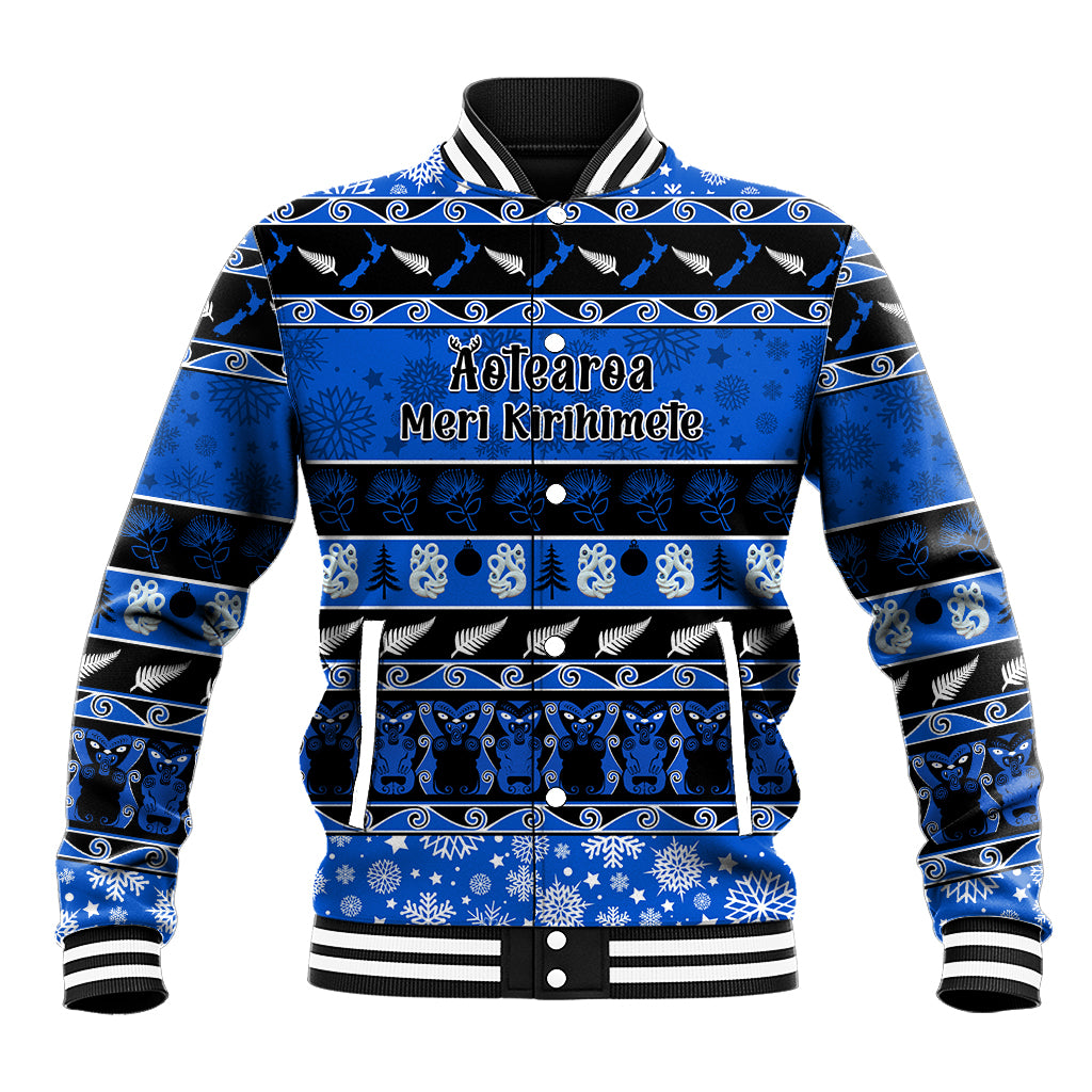 Personalised New Zealand Christmas Baseball Jacket Aotearoa Kiwi Meri Kirihimete Blue Version - Wonder Print Shop