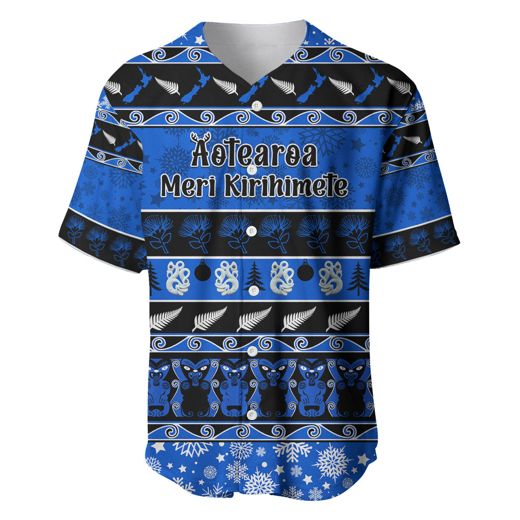 Personalised New Zealand Christmas Baseball Jersey Aotearoa Kiwi Meri Kirihimete Blue Version - Wonder Print Shop