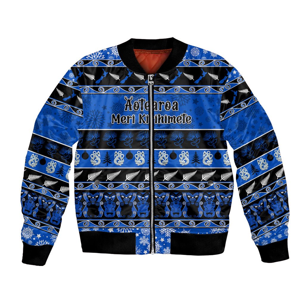 Personalised New Zealand Christmas Bomber Jacket Aotearoa Kiwi Meri Kirihimete Blue Version - Wonder Print Shop