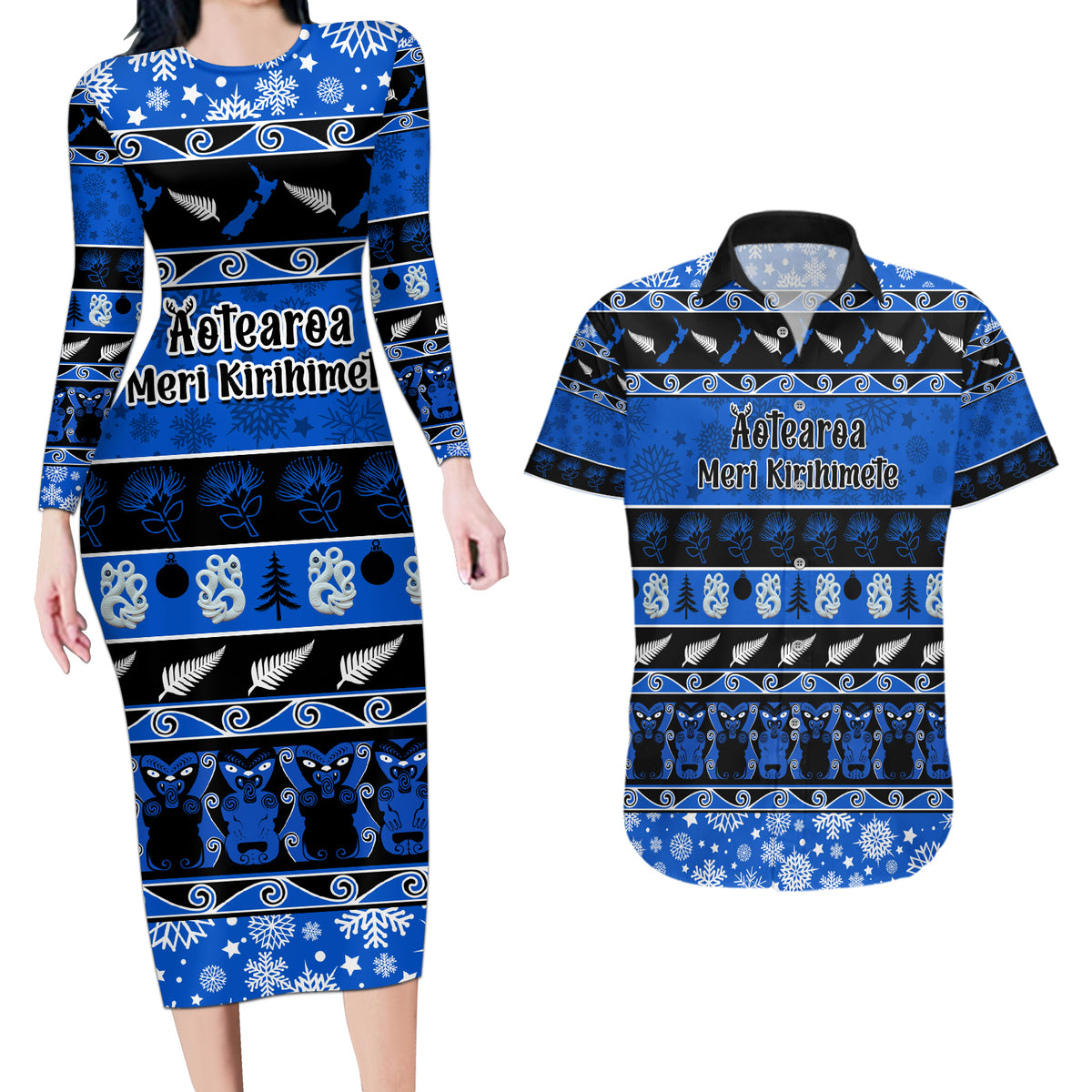 Personalised New Zealand Christmas Couples Matching Long Sleeve Bodycon Dress and Hawaiian Shirt Aotearoa Kiwi Meri Kirihimete Blue Version - Wonder Print Shop
