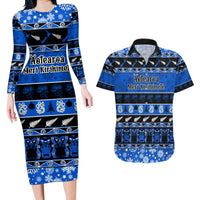 Personalised New Zealand Christmas Couples Matching Long Sleeve Bodycon Dress and Hawaiian Shirt Aotearoa Kiwi Meri Kirihimete Blue Version - Wonder Print Shop