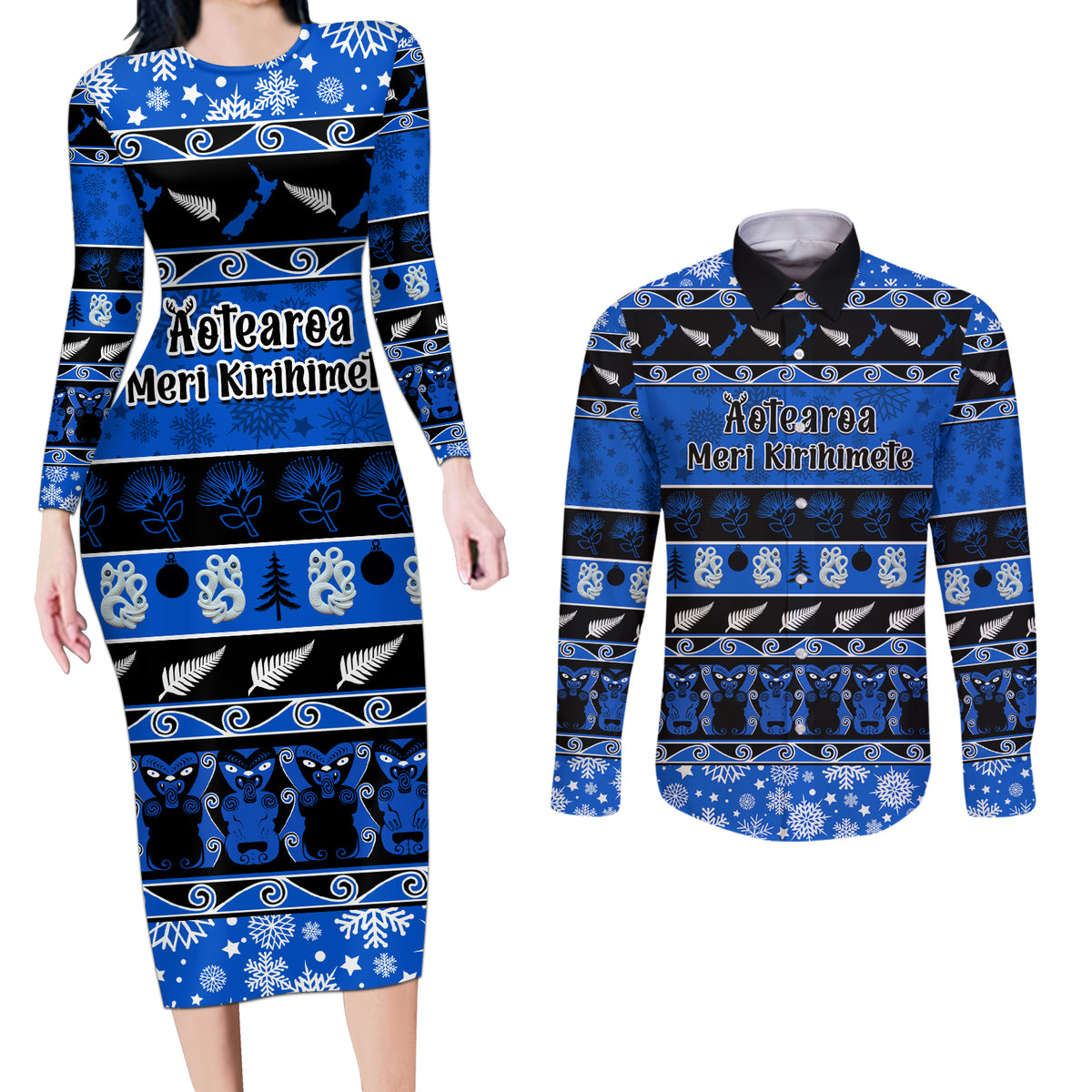Personalised New Zealand Christmas Couples Matching Long Sleeve Bodycon Dress and Long Sleeve Button Shirt Aotearoa Kiwi Meri Kirihimete Blue Version - Wonder Print Shop