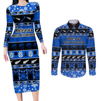 Personalised New Zealand Christmas Couples Matching Long Sleeve Bodycon Dress and Long Sleeve Button Shirt Aotearoa Kiwi Meri Kirihimete Blue Version - Wonder Print Shop