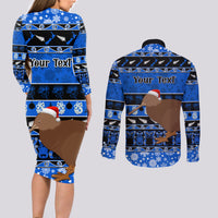 Personalised New Zealand Christmas Couples Matching Long Sleeve Bodycon Dress and Long Sleeve Button Shirt Aotearoa Kiwi Meri Kirihimete Blue Version - Wonder Print Shop