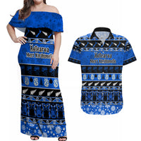 Personalised New Zealand Christmas Couples Matching Off Shoulder Maxi Dress and Hawaiian Shirt Aotearoa Kiwi Meri Kirihimete Blue Version - Wonder Print Shop