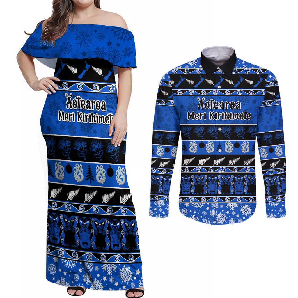 Personalised New Zealand Christmas Couples Matching Off Shoulder Maxi Dress and Long Sleeve Button Shirt Aotearoa Kiwi Meri Kirihimete Blue Version - Wonder Print Shop