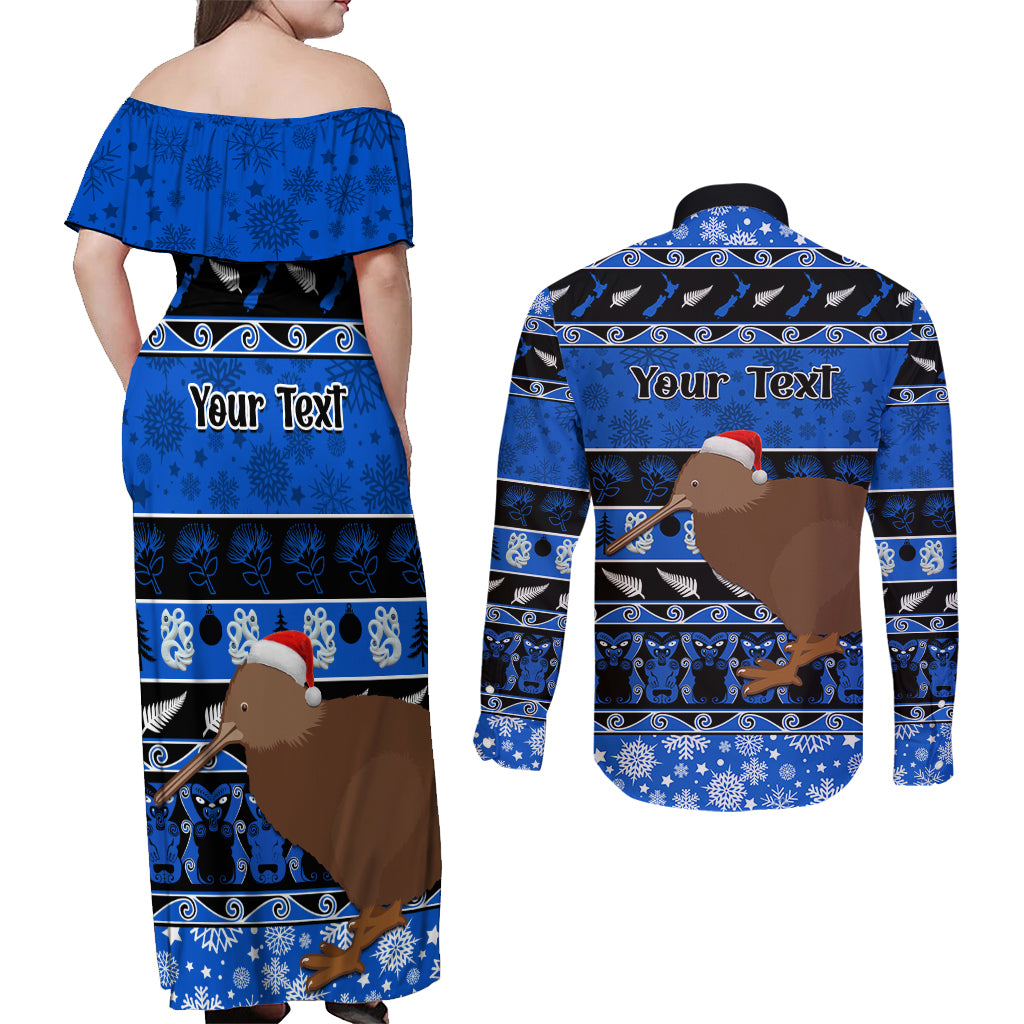 Personalised New Zealand Christmas Couples Matching Off Shoulder Maxi Dress and Long Sleeve Button Shirt Aotearoa Kiwi Meri Kirihimete Blue Version - Wonder Print Shop