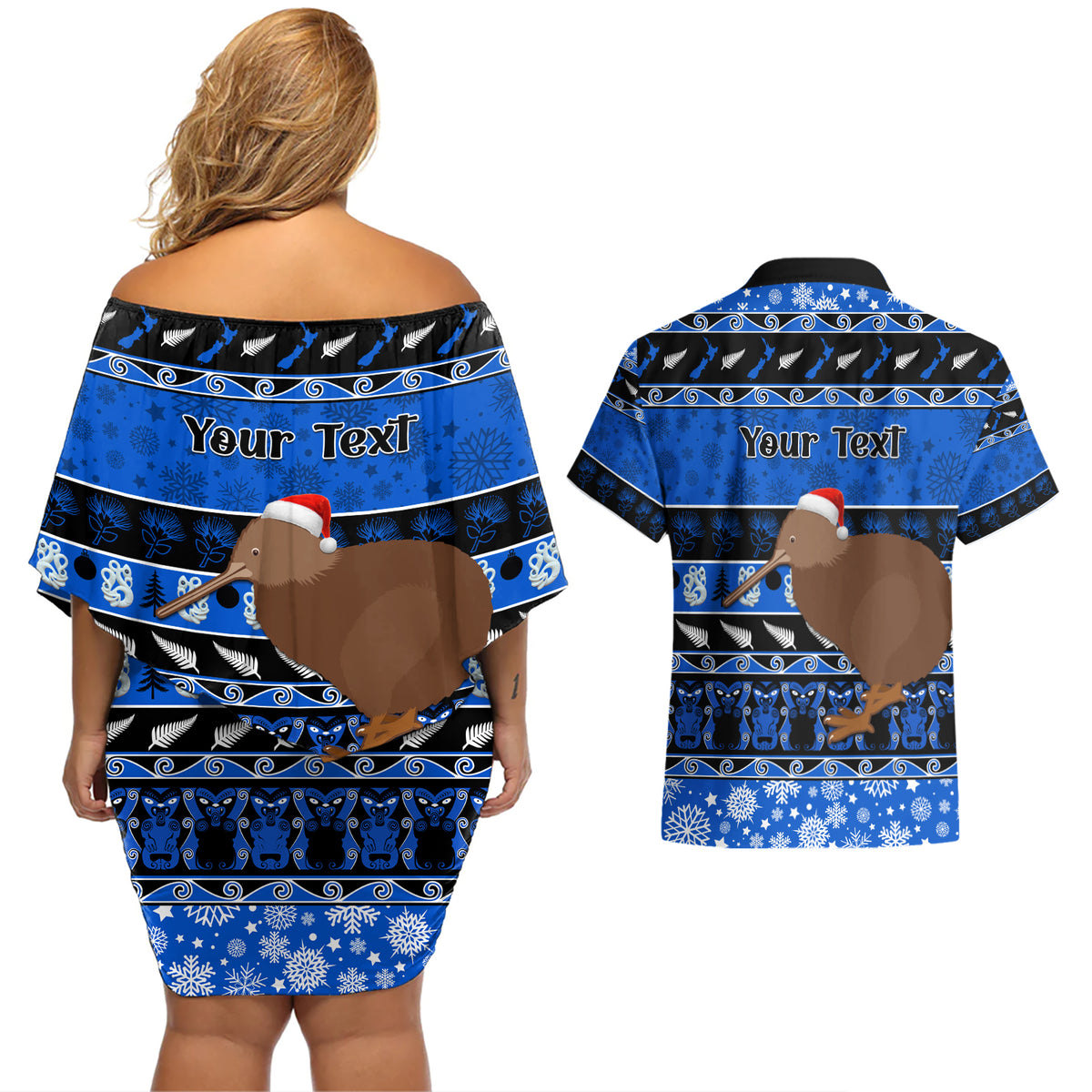Personalised New Zealand Christmas Couples Matching Off Shoulder Short Dress and Hawaiian Shirt Aotearoa Kiwi Meri Kirihimete Blue Version - Wonder Print Shop