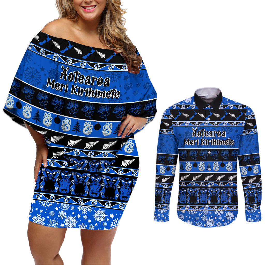 Personalised New Zealand Christmas Couples Matching Off Shoulder Short Dress and Long Sleeve Button Shirt Aotearoa Kiwi Meri Kirihimete Blue Version - Wonder Print Shop